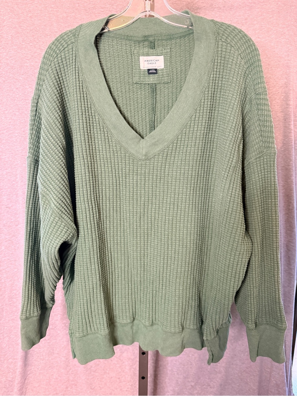 American Eagle Outfitters Sage Green Waffle V-Neck Sweater